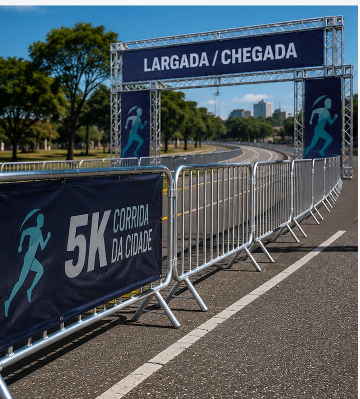 Grades de contenção na largada de uma corrida de rua