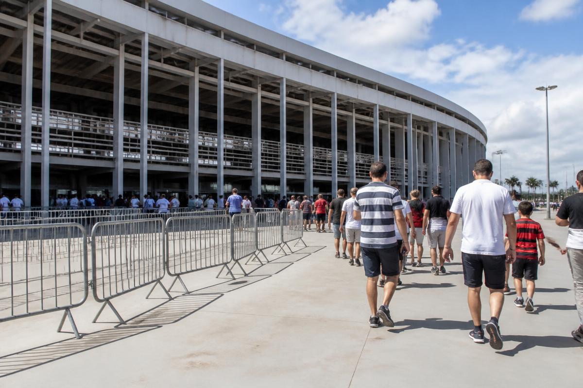 Grades de contenção delimitando acessos na área externa de uma arena esportiva