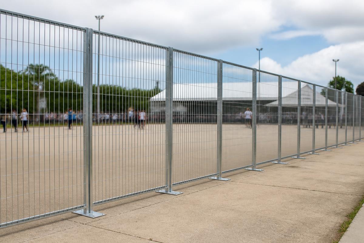 Grades altas metálicas galvanizadas modulares formando fechamento perimetral em área de evento